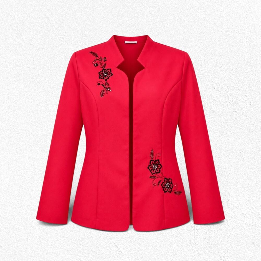 Y2K Red Floral Embroidered Open Front Blazer Statement Jacket Size Large Petite